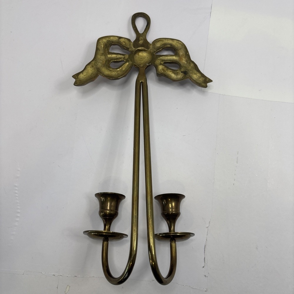 Vintage Brass Ribbon & Bow Double Candle Holder Wall Sconce 13" - Picture 6 of 7